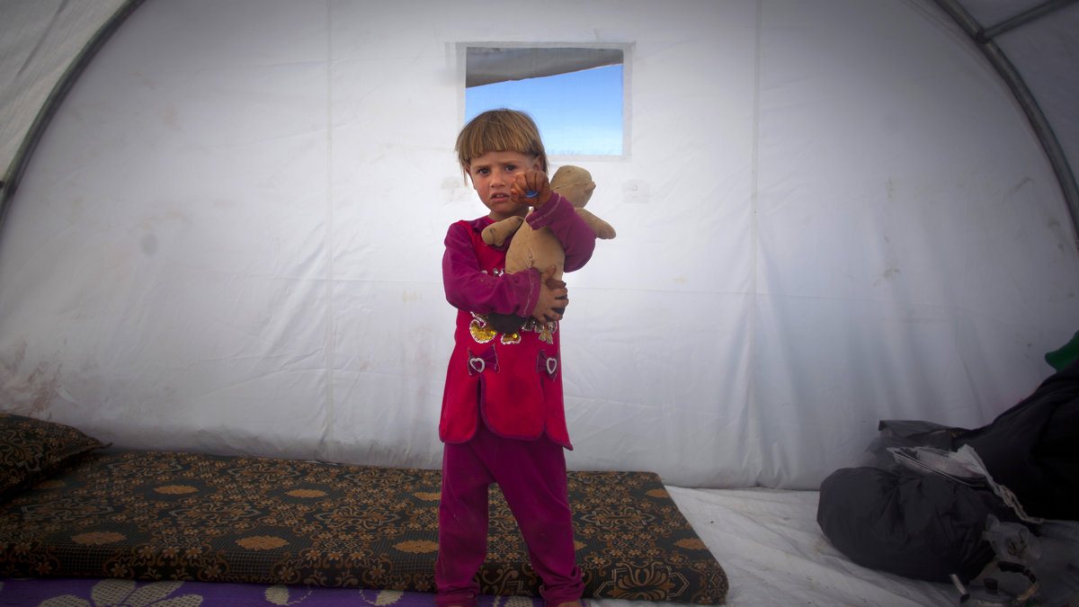 Femåring poserar för bild med sin nalle, i ett läger i Atmeh. 